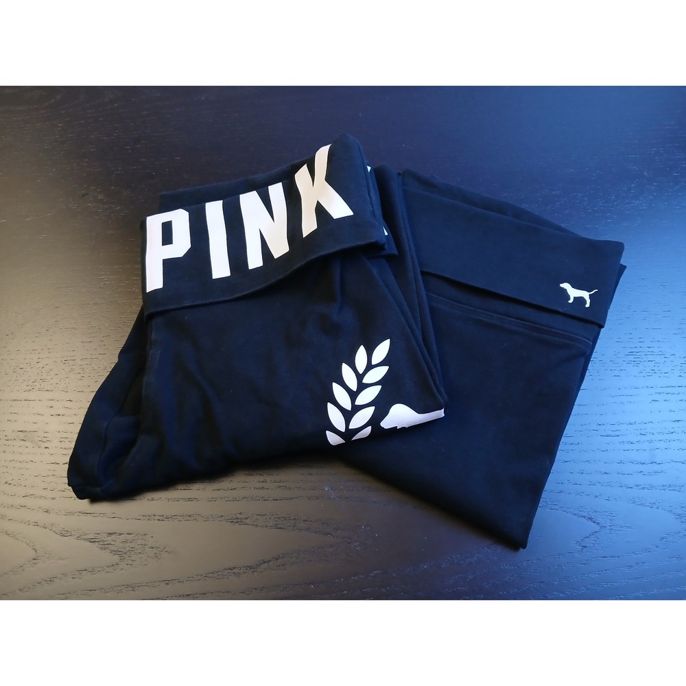 Victoria's Secret PINK Yoga Leggings Black Foldover Waist Logo Small 2 Pack